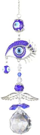 Turkish Evil Eye Crystal Sun Catcher Pendant with Wind Chime Blue