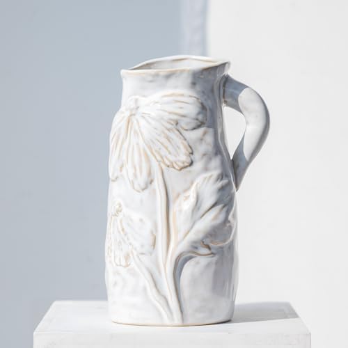 Beige White Pitcher Vase with Handle 7 Inch French Ceramic