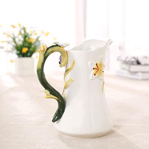 Large Ceramic Water Pitcher Flower Vase with Dancing Butterfly and Lily Design
