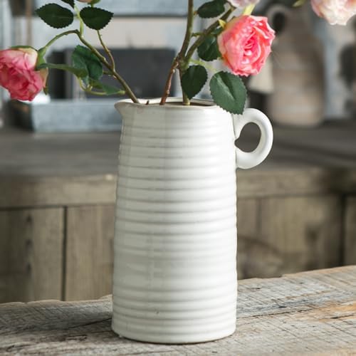 White Ceramic Vase with Handle Modern Farmhouse Decor