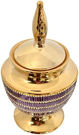 Gold Purple Jeweled Finial Urn Vase with Removable Lid
