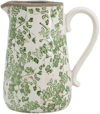 9 Inch Tall White Ceramic Pitcher with Green Floral Motif