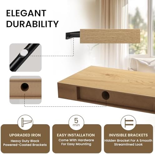 Set of 2 Floating Shelves Wall Mounted Oak 36x8x15