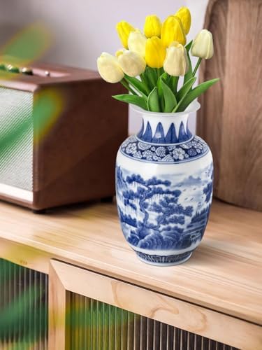 Qinlang 9 Inch Blue White Ceramic Vase Landscape Design