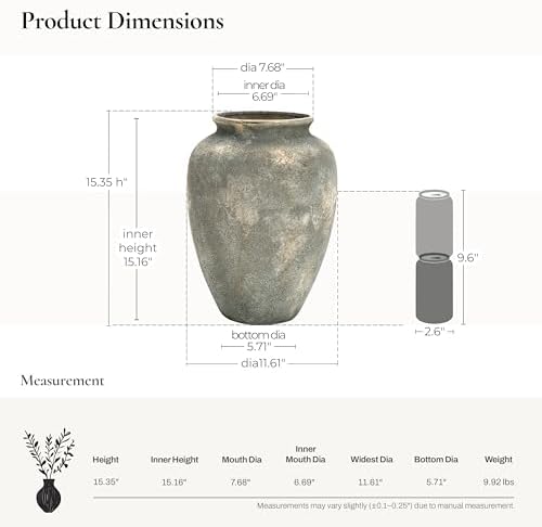 LuxenHome Rustic Ceramic Floor Vase with Gold and Brown Accents
