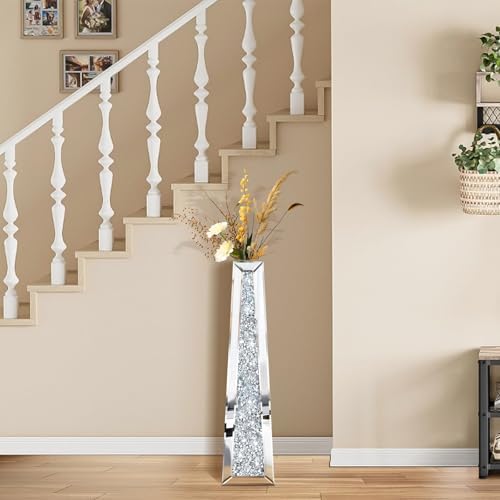 29 Inch Tall Crushed Diamond Floor Vase in Silver