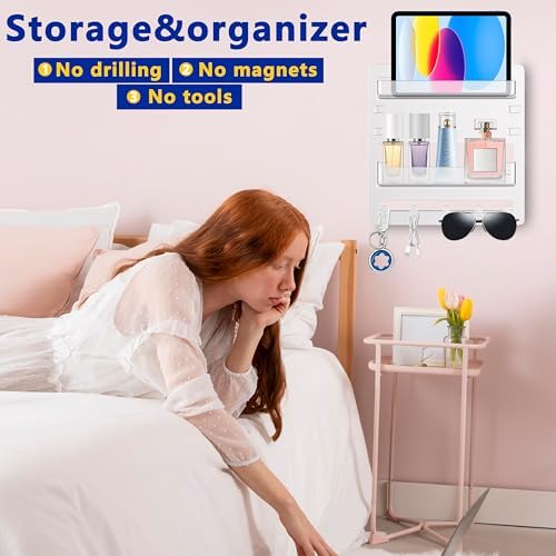 Epritliber Floating Bedside Shelf Organizer with 5 Hooks and Cable Clips