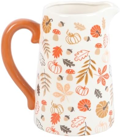 Rustic Autumn Ceramic Flower Jug with Pumpkin and Leaf Design