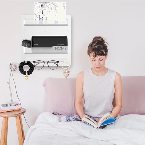 Epritliber Floating Bedside Shelf Organizer with 5 Hooks and Cable Clips