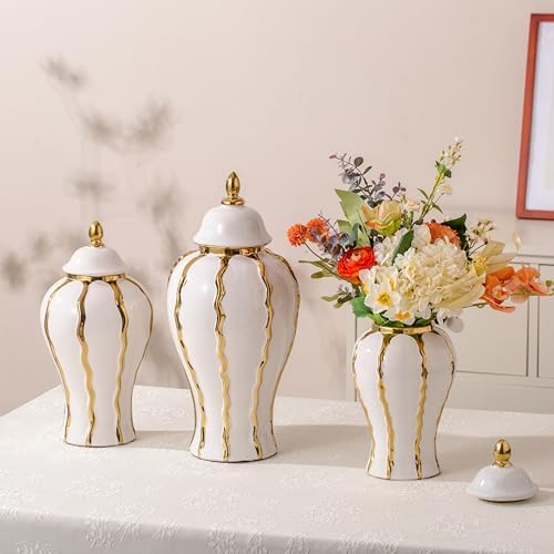 White Gold Ginger Jar with Lid Ceramic Vase