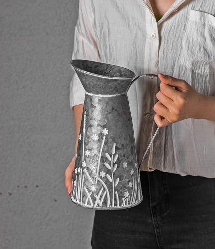 Vintage Galvanized Metal Pitcher Vase with Handle