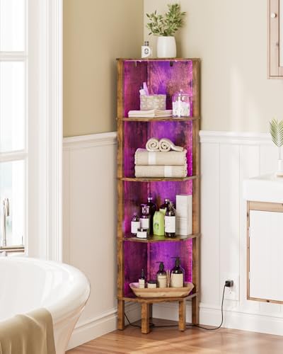 5 Tier Corner Bookshelf with LED Light and Storage