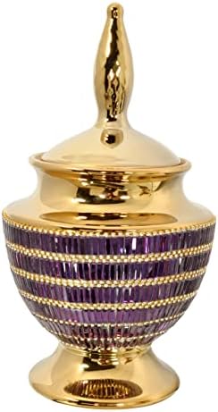 Gold Purple Jeweled Finial Urn Vase with Removable Lid
