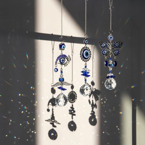 Turkish Evil Eye Crystal Sun Catcher Pendant with Wind Chime Blue