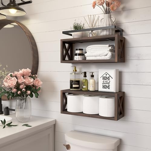 RICHER HOUSE Floating Wood Shelves with Guardrail Rustic Brown 2 Shelves