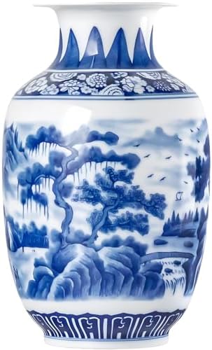 Qinlang 9 Inch Blue White Ceramic Vase Landscape Design