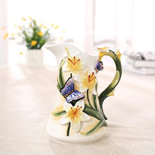 Large Ceramic Water Pitcher Flower Vase with Dancing Butterfly and Lily Design