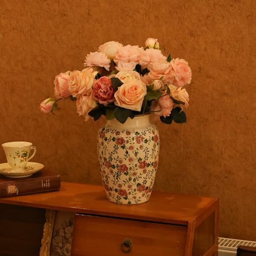 10 Inch Floral Farmhouse Ceramic Vase with Crackle Glaze