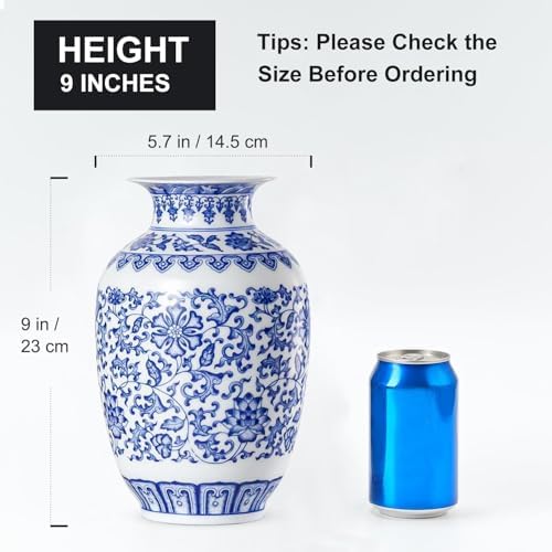 9 Inch Blue and White Ceramic Vase with Lotus Pattern
