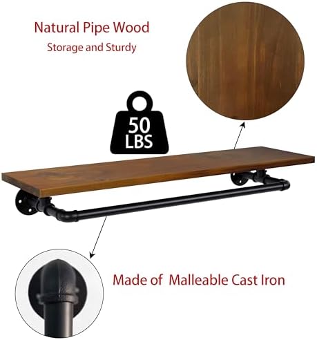 Tediduwa Bathroom Shelf with Towel Bar 36 Inch Floating Industrial Wood Shelf