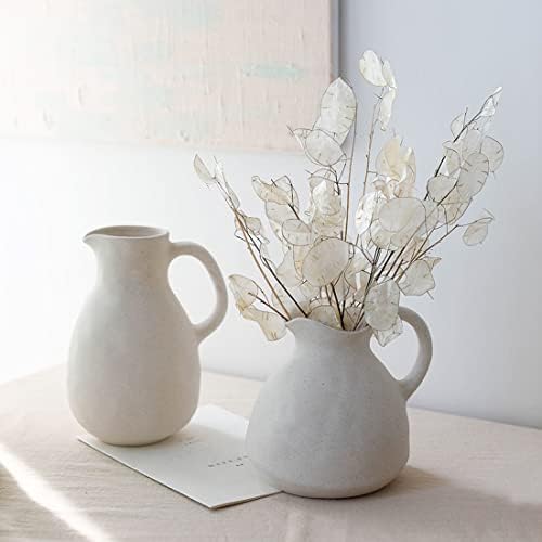 White Ceramic Vase with Handle for Flowers and Decor