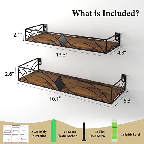 MEBRUDY Floating Shelves Set of 2 Rustic Wall Shelves with Rhombic Design
