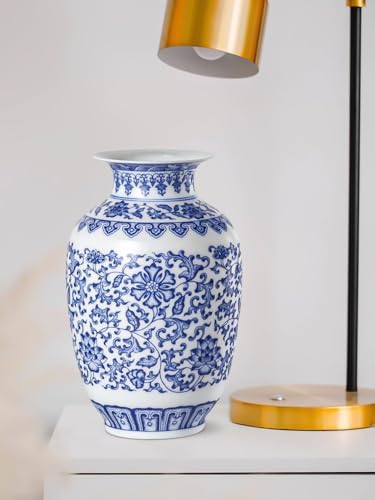 9 Inch Blue and White Ceramic Vase with Lotus Pattern