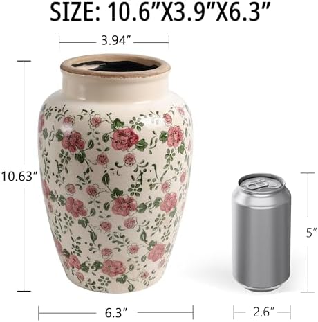 10 Inch Floral Farmhouse Ceramic Vase with Crackle Glaze