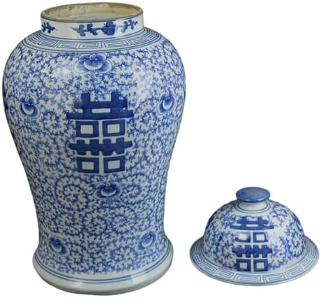 19 Inch Blue and White Ginger Jar Vase with Double Happiness Pattern