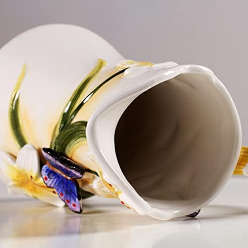 Large Ceramic Water Pitcher Flower Vase with Dancing Butterfly and Lily Design