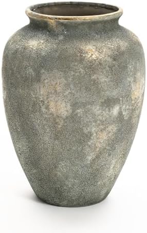 LuxenHome Rustic Ceramic Floor Vase with Gold and Brown Accents