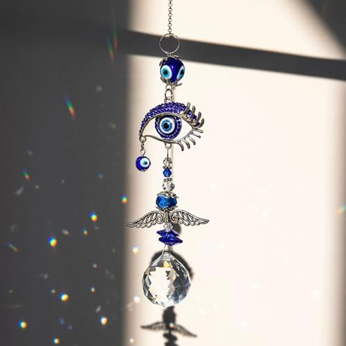 Turkish Evil Eye Crystal Sun Catcher Pendant with Wind Chime Blue