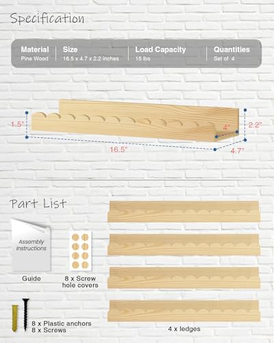 Harwaya Scalloped Wall Bookshelf 4-Pack Natural Pine