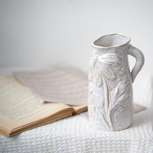 Beige White Pitcher Vase with Handle 7 Inch French Ceramic