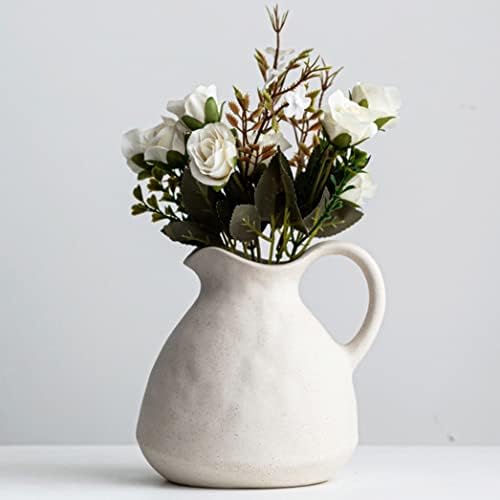 White Ceramic Vase with Handle for Flowers and Decor