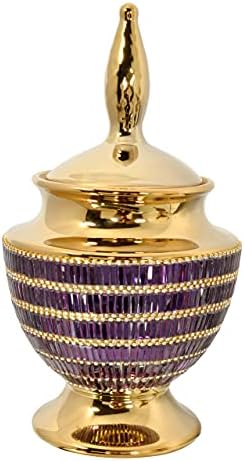 Gold Purple Jeweled Finial Urn Vase with Removable Lid