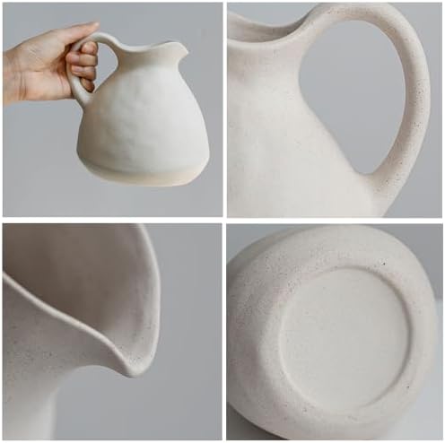 White Ceramic Vase with Handle for Flowers and Decor