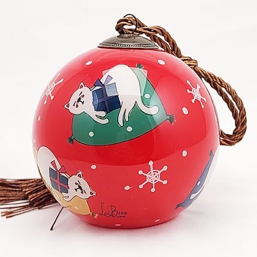 Handcrafted Painted Glass Ornament with Gift Box Sleepy Kitten Decor