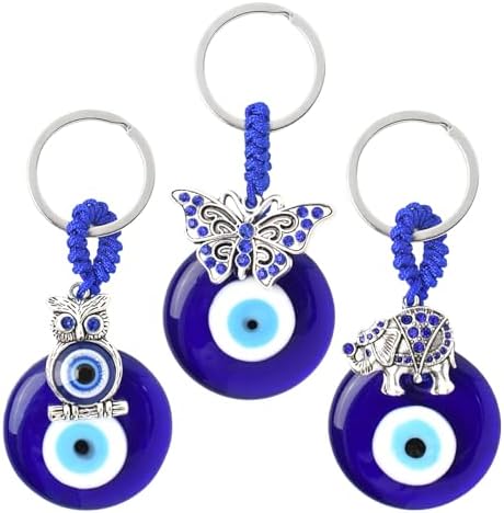 3pcs Blue Evil Eye Keychain with Butterfly Elephant Owl Hanging Ornament