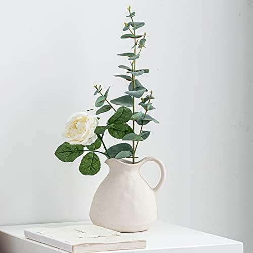 White Ceramic Vase with Handle for Flowers and Decor