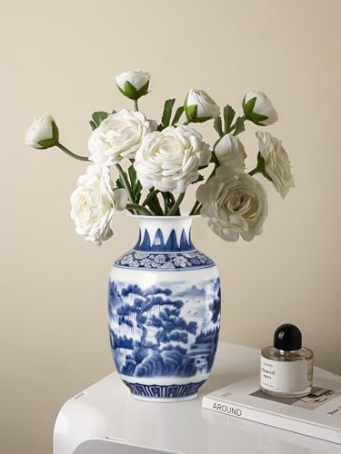 Qinlang 9 Inch Blue White Ceramic Vase Landscape Design