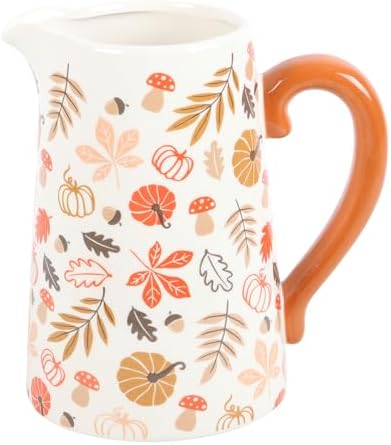 Rustic Autumn Ceramic Flower Jug with Pumpkin and Leaf Design
