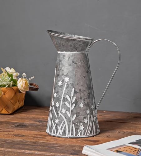 Vintage Galvanized Metal Pitcher Vase with Handle