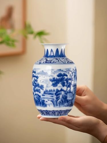 Qinlang 9 Inch Blue White Ceramic Vase Landscape Design