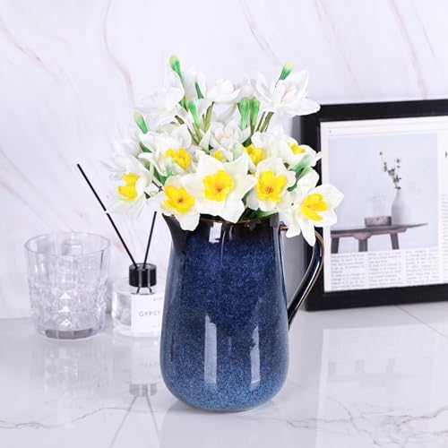 Blue Ceramic Pitcher Vase with Handles for Home Decor