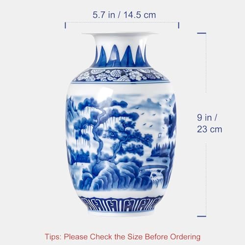 Qinlang 9 Inch Blue White Ceramic Vase Landscape Design