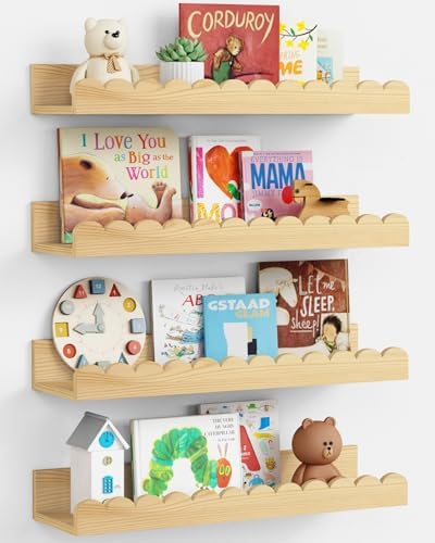 Harwaya Scalloped Wall Bookshelf 4-Pack Natural Pine