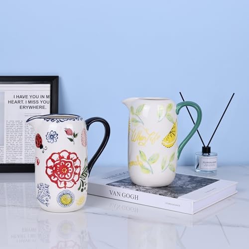 Floral Ceramic Pitcher Vase with Handle