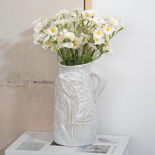 Beige White Pitcher Vase with Handle 7 Inch French Ceramic