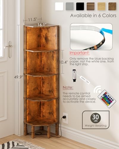 5 Tier Corner Bookshelf with LED Light and Storage